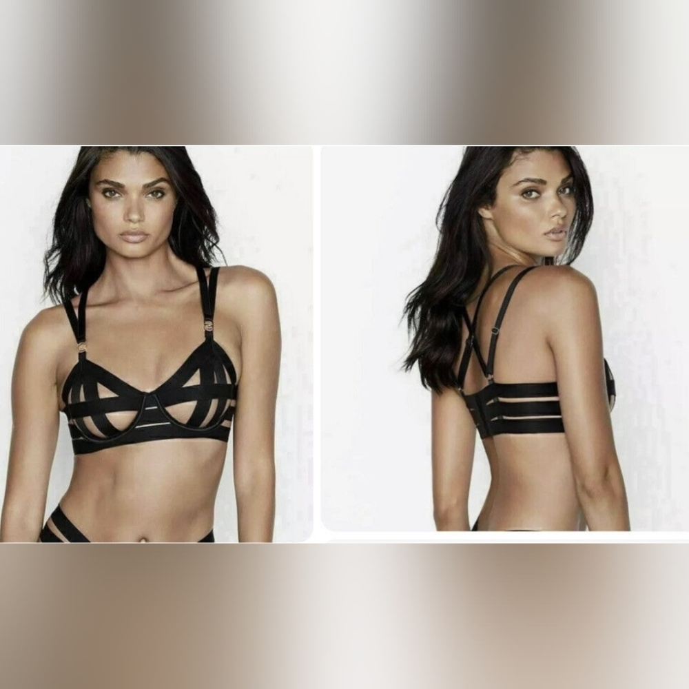 NWT Victoria's Secret Luxe Unlined Balconet Strappy Banded Caged Bra Black 34DDD